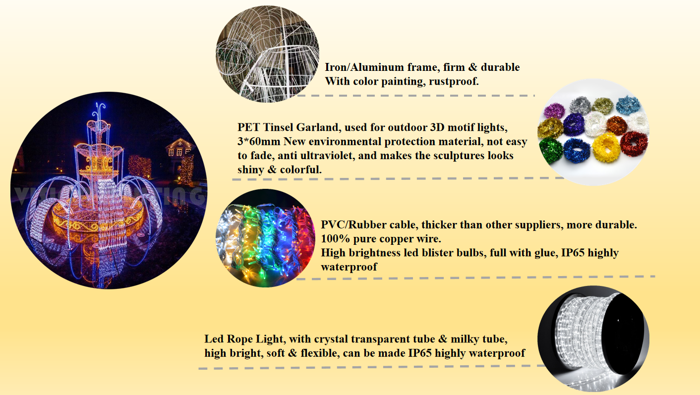 Sculpture de motif de fontaine l&eacute;g&egrave;re &agrave; LED 3D pour d&eacute;corations de paysage ext&eacute;rieur