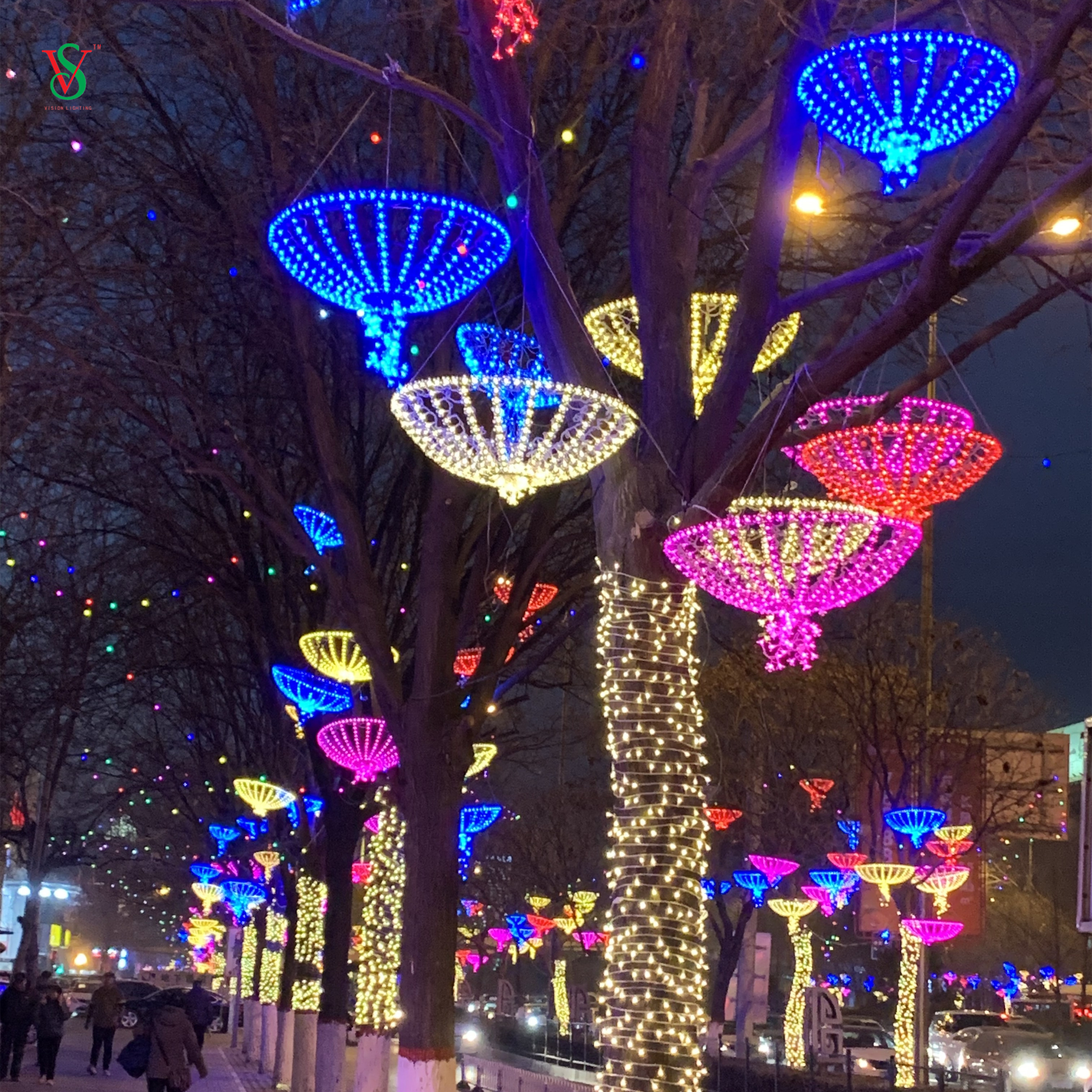 Lumière animée de décoration de rue de Noël LED Sakura Umbrella Motif Light 