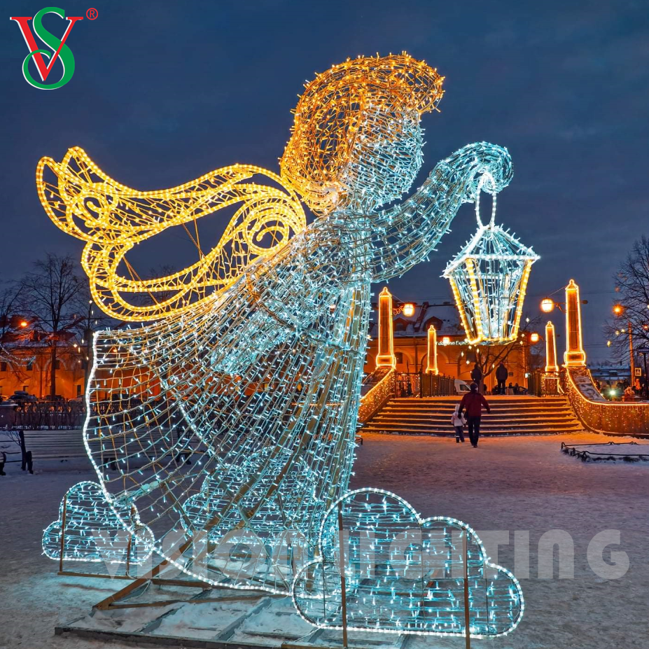 Décorations féeriques de noël en plein air, Sculpture d'ange 3D, lumières à Motif pour décoration d'hôtel Plaza Street