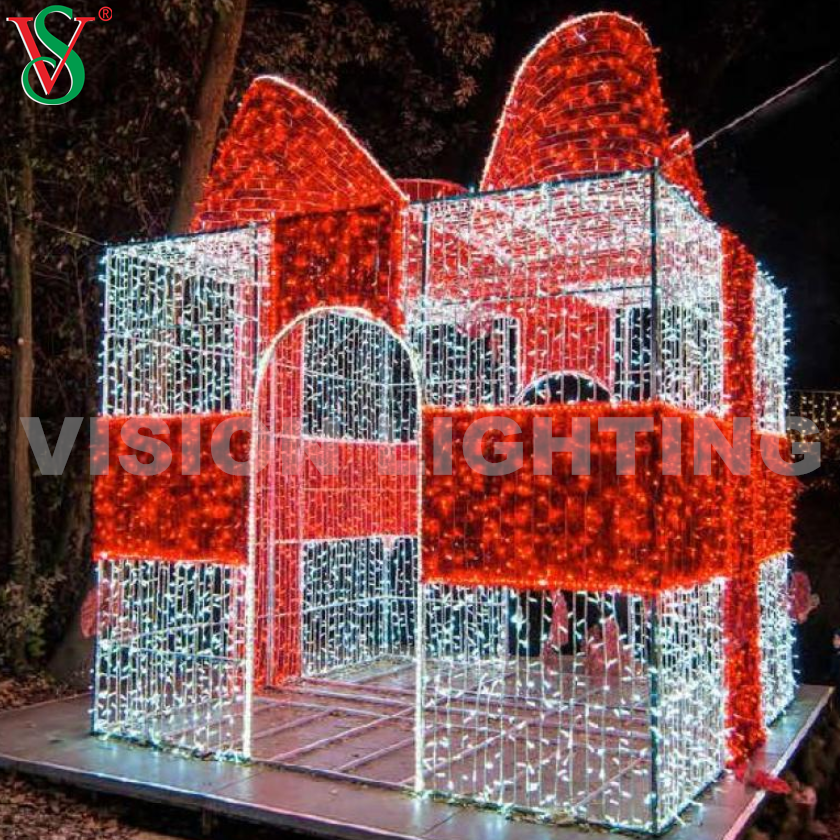 Décoration de Noël Lumières de motif de boîte-cadeau lumineuses géantes en plein air 3D pour Plaza