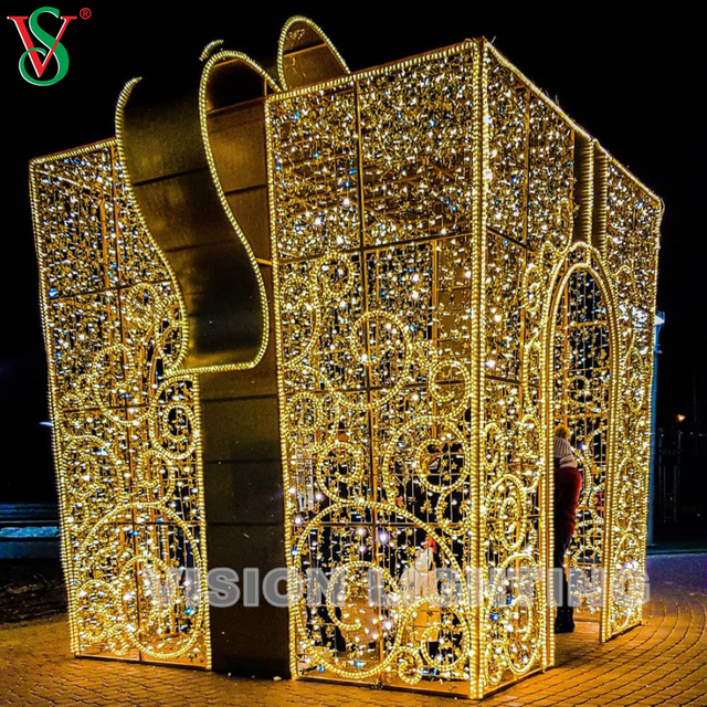Décoration de Noël Lumières de motif de boîte-cadeau lumineuses géantes en plein air 3D pour Plaza