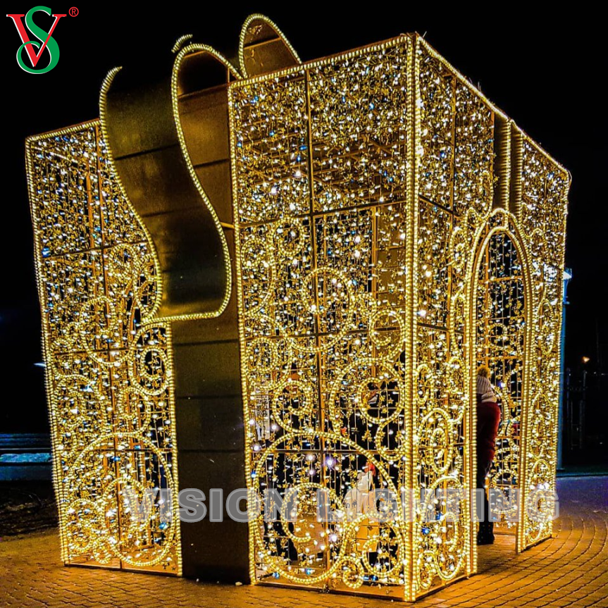 Décoration de Noël Lumières de motif de boîte-cadeau lumineuses géantes en plein air 3D pour Plaza